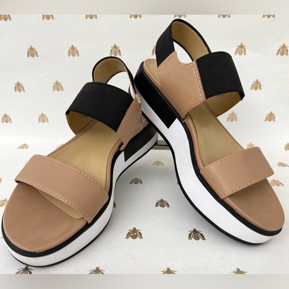 Women's Naturalizer Platform Double Strap Sandal Elastic Pull-On Tan & Black 6.5